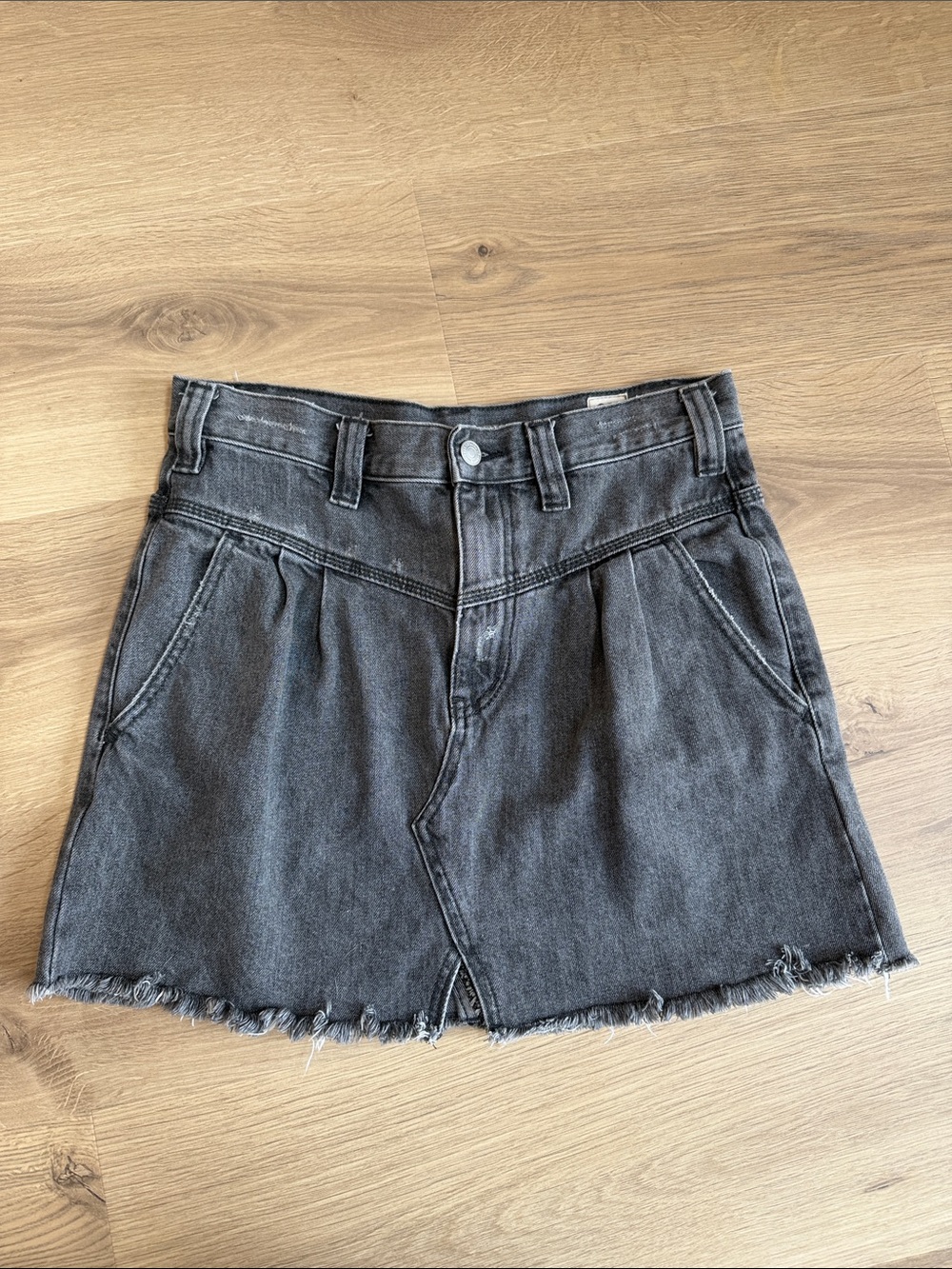 We The Free Washed Black Denim Mini Skirt with Frayed Hem